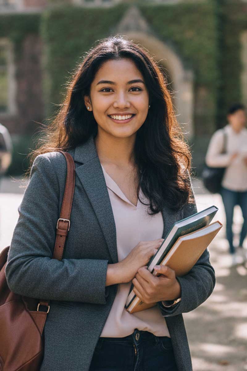 Female hospitality student holding books – student career opportunities at Private Palace Hotels