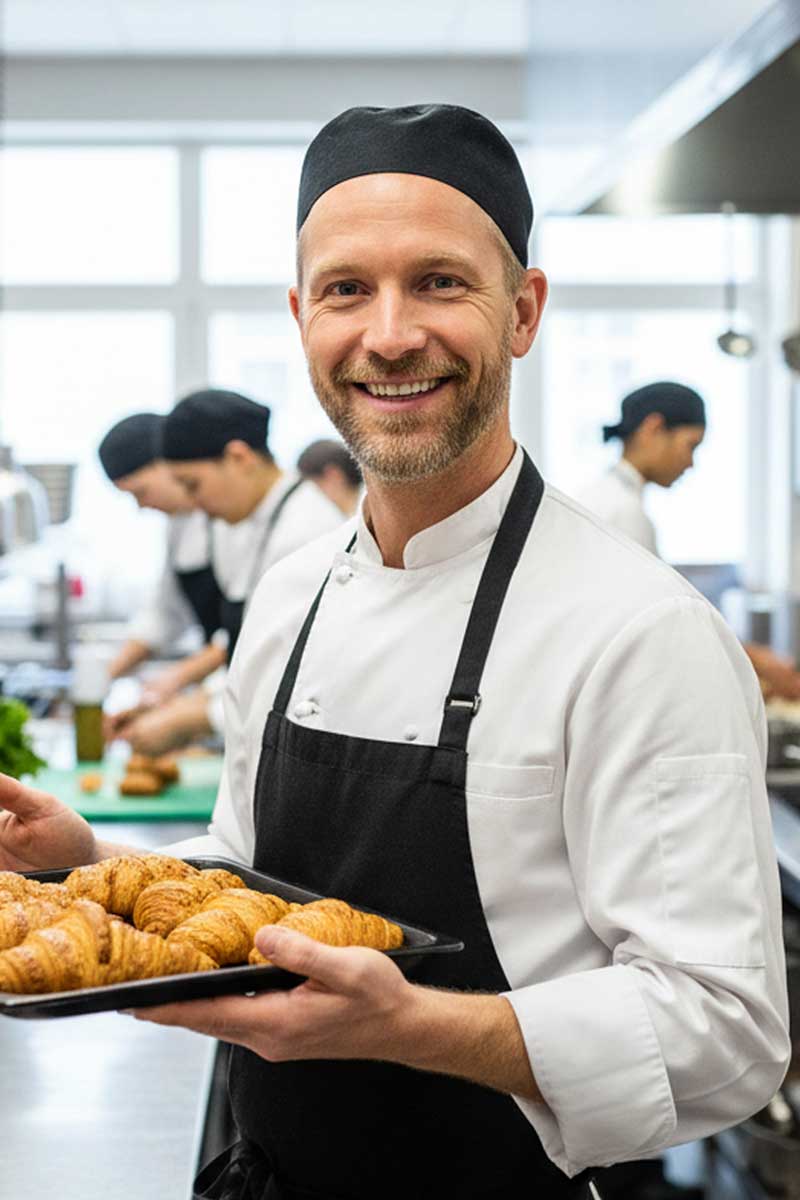 Assistant cook holding fresh croissants in hotel kitchen – hospitality career change opportunities at Private Palace Hotels